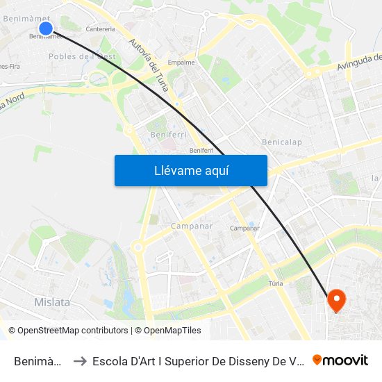 Benimàmet to Escola D'Art I Superior De Disseny De València map