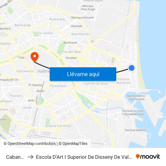 Cabanyal to Escola D'Art I Superior De Disseny De València map