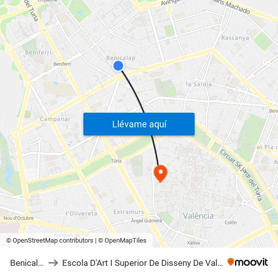 Benicalap to Escola D'Art I Superior De Disseny De València map
