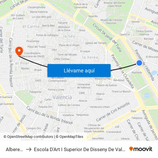 Albereda to Escola D'Art I Superior De Disseny De València map