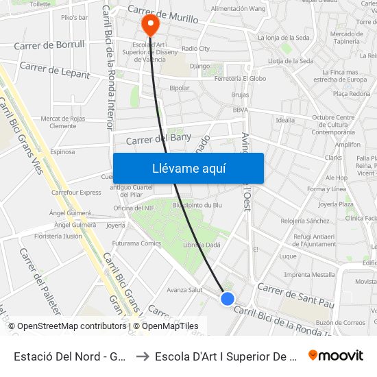 Estació Del Nord - Guillem De Castro to Escola D'Art I Superior De Disseny De València map