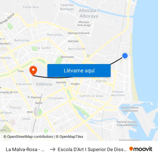 La Malva-Rosa - Mendizábal to Escola D'Art I Superior De Disseny De València map