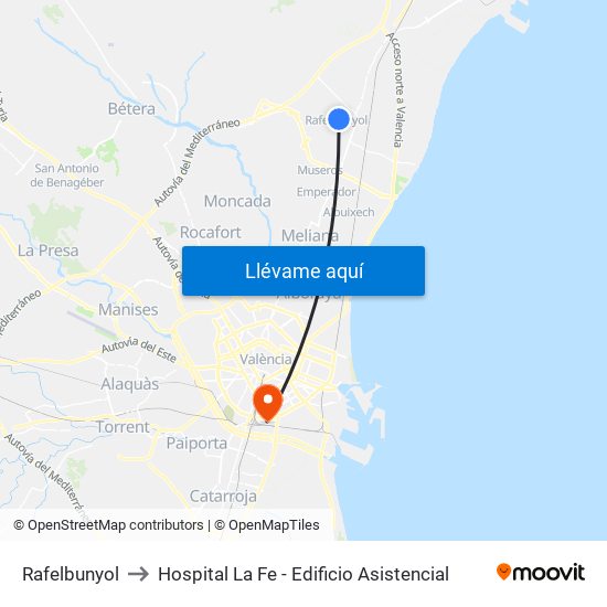 Rafelbunyol to Hospital La Fe - Edificio Asistencial map