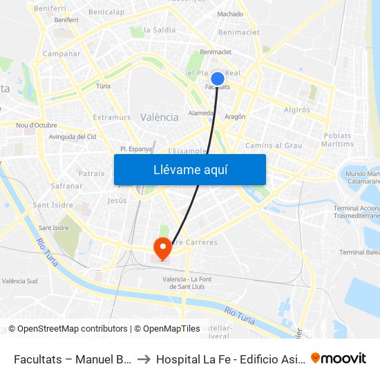 Facultats – Manuel Broseta to Hospital La Fe - Edificio Asistencial map