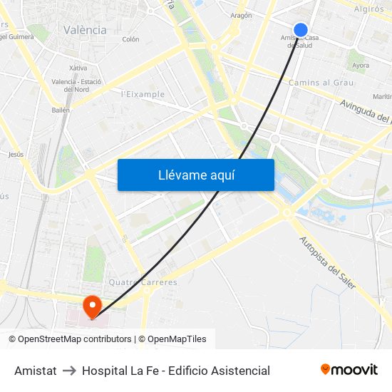 Amistat to Hospital La Fe - Edificio Asistencial map