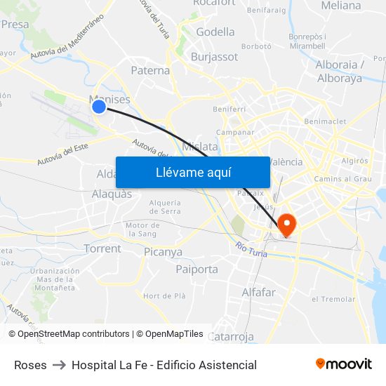 Roses to Hospital La Fe - Edificio Asistencial map