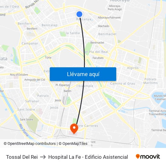 Tossal Del Rei to Hospital La Fe - Edificio Asistencial map