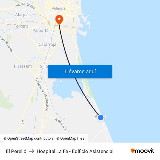 El Perelló to Hospital La Fe - Edificio Asistencial map
