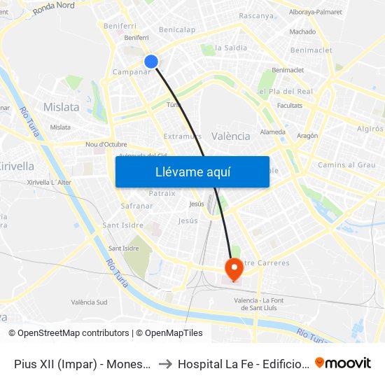 Pius XII (Impar) - Monestir De Poblet to Hospital La Fe - Edificio Asistencial map