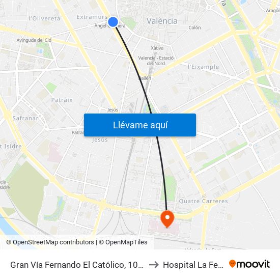 Gran Vía Fernando El Católico, 10 – Estació Metro Ángel Guimerá [València] to Hospital La Fe - Edificio Asistencial map