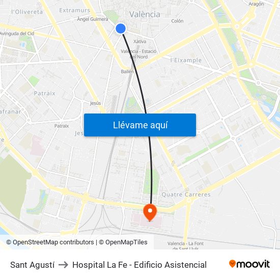 Estació Del Nord - Guillem De Castro to Hospital La Fe - Edificio Asistencial map