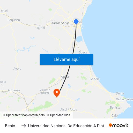 Benicalap to Universidad Nacional De Educación A Distancia Uned map