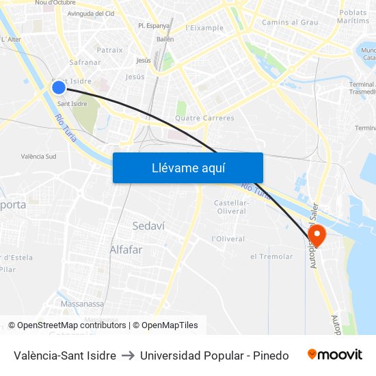 València-Sant Isidre to Universidad Popular - Pinedo map