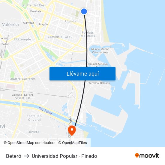 Beteró to Universidad Popular - Pinedo map