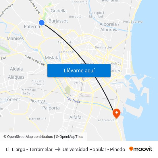 Ll. Llarga - Terramelar to Universidad Popular - Pinedo map