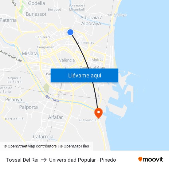 Tossal Del Rei to Universidad Popular - Pinedo map