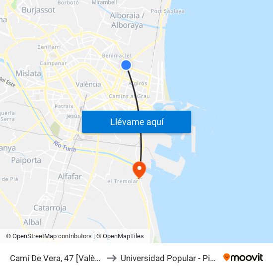 Camí De Vera, 47 [València] to Universidad Popular - Pinedo map