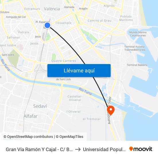 Gran Vía Ramón Y Cajal - C/ Bailén [València] to Universidad Popular - Pinedo map