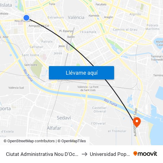 Ciutat Administrativa Nou D'Octubre - Lluís Lamarca to Universidad Popular - Pinedo map