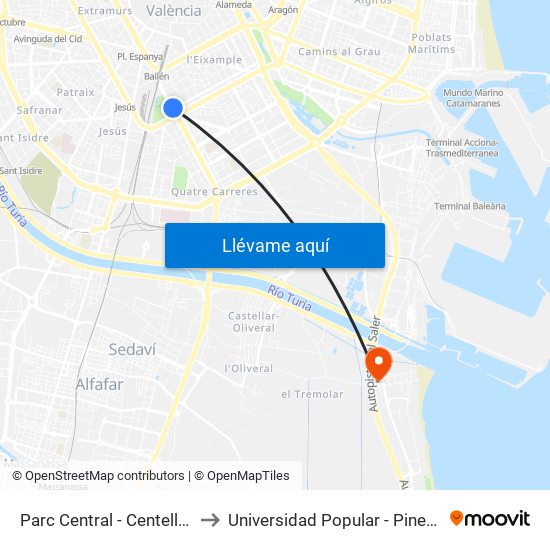 Parc Central to Universidad Popular - Pinedo map