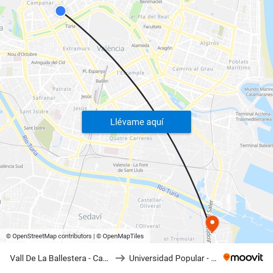 Vall De La Ballestera - Campanar to Universidad Popular - Pinedo map