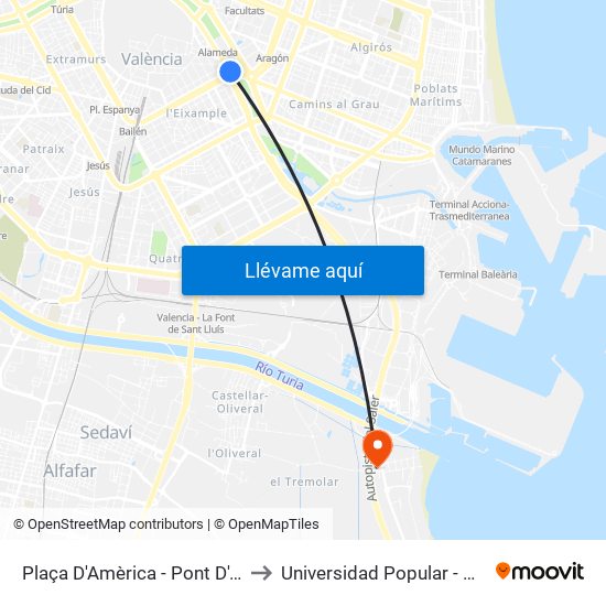 Plaça Amèrica to Universidad Popular - Pinedo map