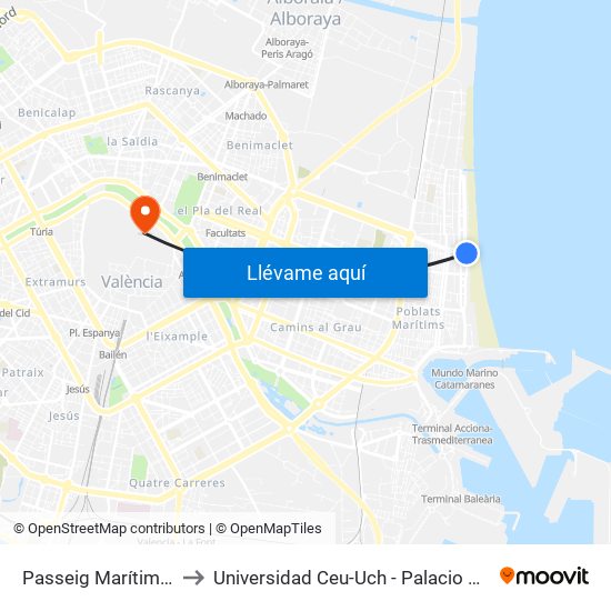 Passeig Marítim - Pavia to Universidad Ceu-Uch - Palacio De Colomina map