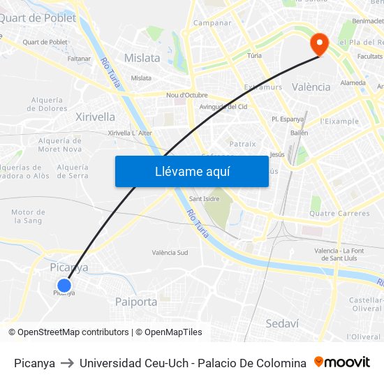 Picanya to Universidad Ceu-Uch - Palacio De Colomina map