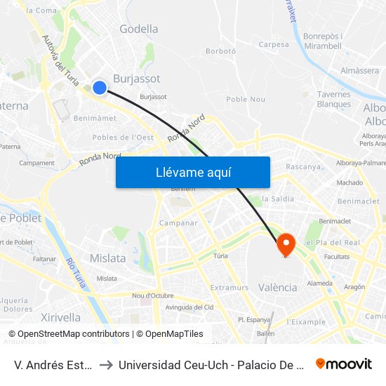 V. Andrés Estellés to Universidad Ceu-Uch - Palacio De Colomina map