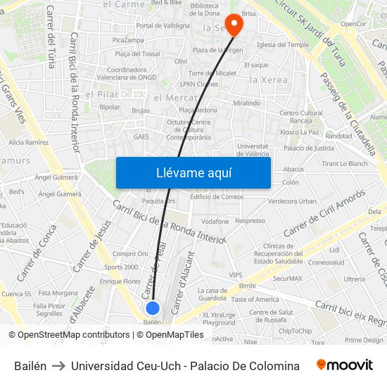 Bailén to Universidad Ceu-Uch - Palacio De Colomina map