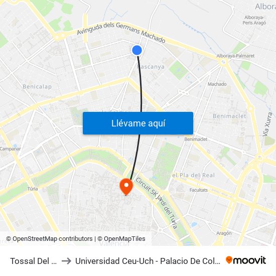 Tossal Del Rei to Universidad Ceu-Uch - Palacio De Colomina map