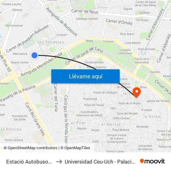 Estació Autobusos València to Universidad Ceu-Uch - Palacio De Colomina map