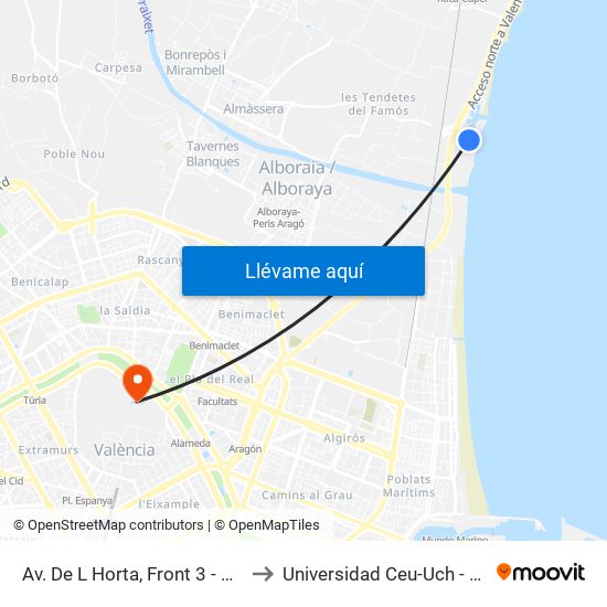 Av. De L Horta, Front 3 - Port Saplaya [Alboraia] to Universidad Ceu-Uch - Palacio De Colomina map