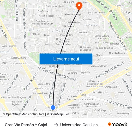 Gran Vía Ramón Y Cajal - C/ Bailén [València] to Universidad Ceu-Uch - Palacio De Colomina map