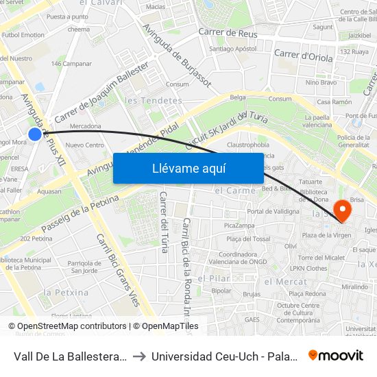 Vall De La Ballestera - Campanar to Universidad Ceu-Uch - Palacio De Colomina map