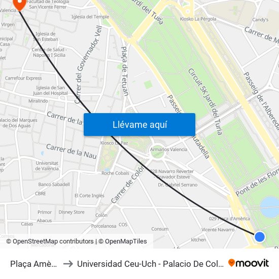 Plaça Amèrica to Universidad Ceu-Uch - Palacio De Colomina map