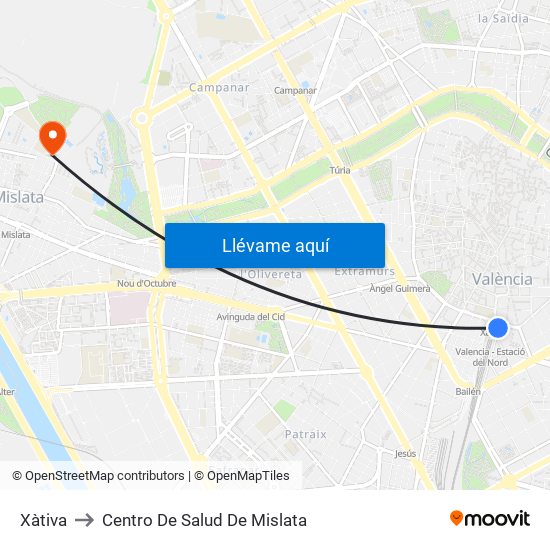 Xàtiva to Centro De Salud De Mislata map