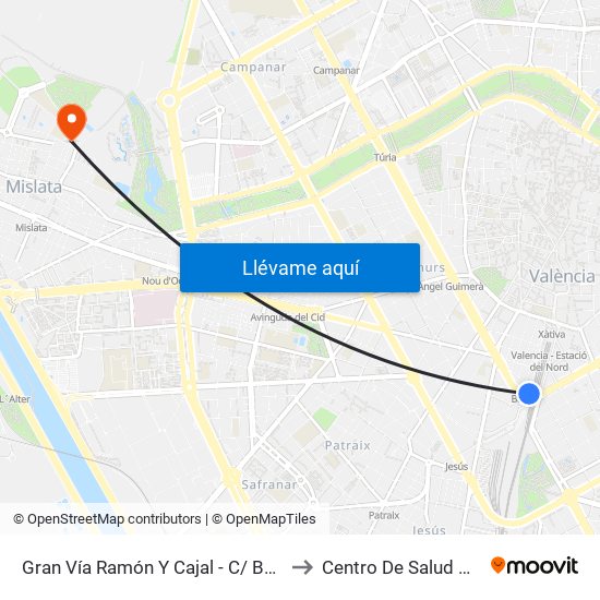 Gran Vía Ramón Y Cajal - C/ Bailén [València] to Centro De Salud De Mislata map