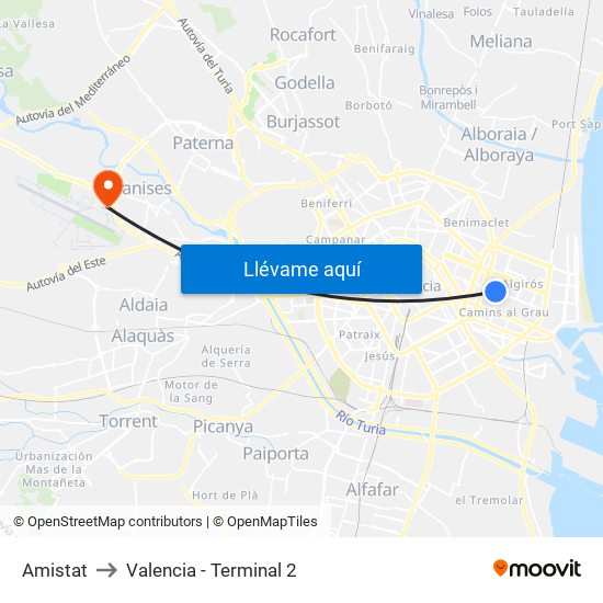 Amistat to Valencia - Terminal 2 map