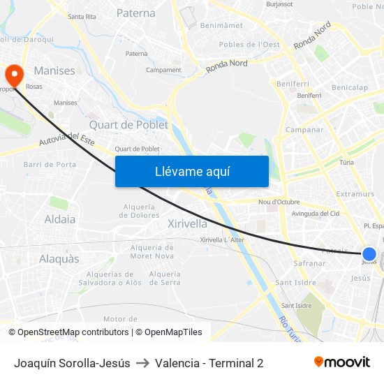 Joaquín Sorolla-Jesús to Valencia - Terminal 2 map