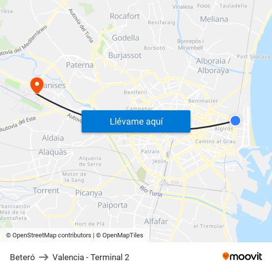 Beteró to Valencia - Terminal 2 map