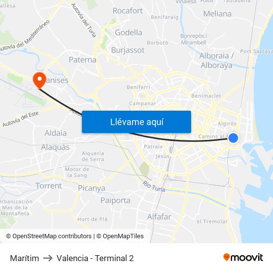 Marítim to Valencia - Terminal 2 map