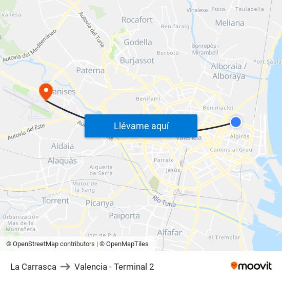 La Carrasca to Valencia - Terminal 2 map