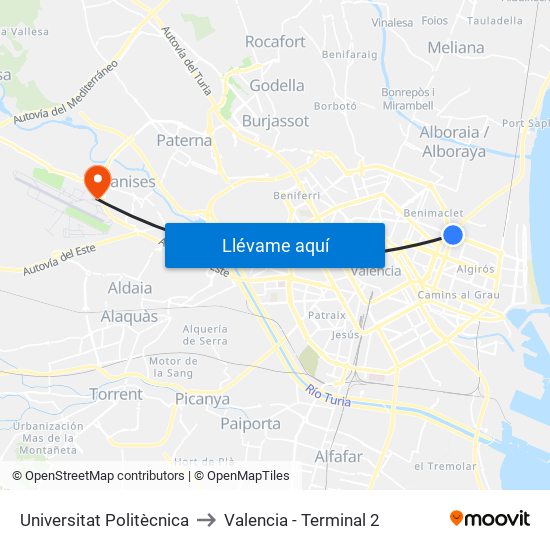 Universitat Politècnica to Valencia - Terminal 2 map