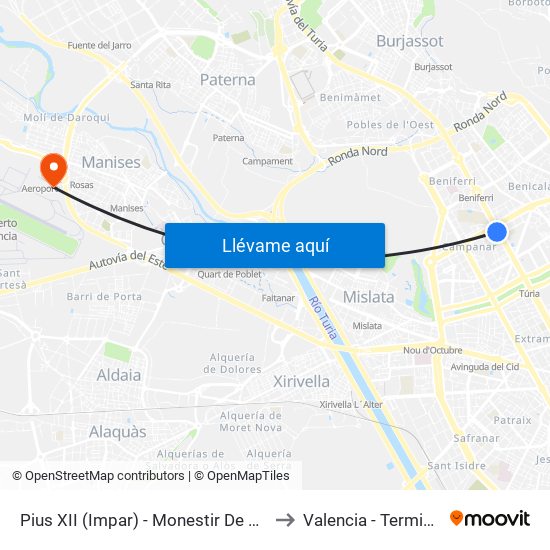 Pius XII (Impar) - Monestir De Poblet to Valencia - Terminal 2 map