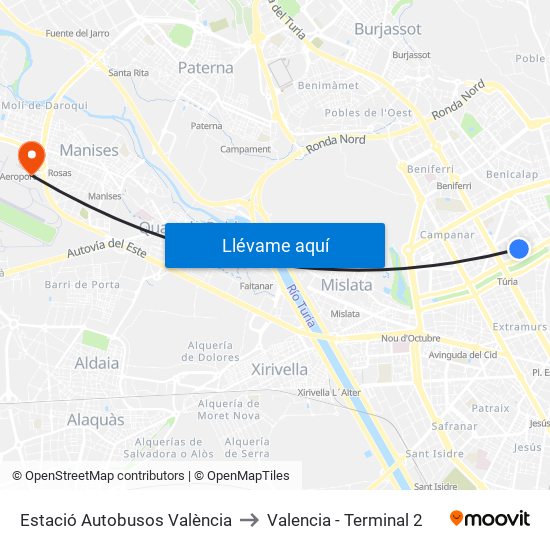 Estació Autobusos València to Valencia - Terminal 2 map