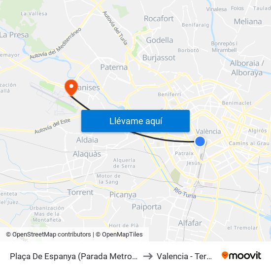 Plaça De Espanya (Parada Metro) [València] to Valencia - Terminal 2 map