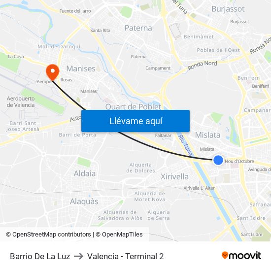 Barrio De La Luz to Valencia - Terminal 2 map