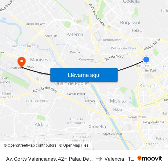 Av. Corts Valencianes, 42– Palau De Congressos [València] to Valencia - Terminal 2 map