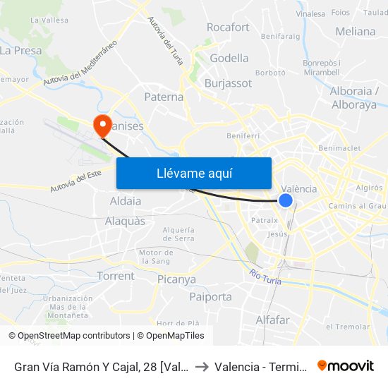 Gran Vía Ramón Y Cajal, 28 [València] to Valencia - Terminal 2 map